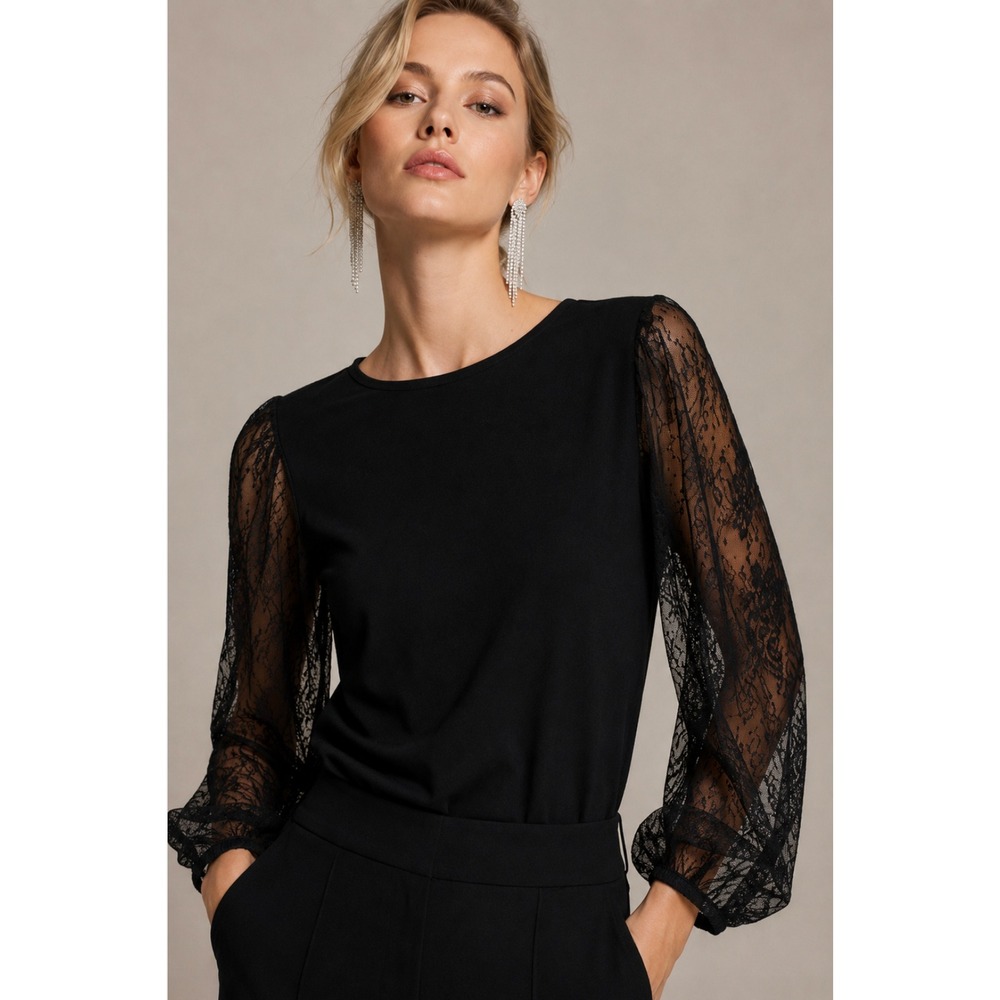 Alice + Olivia Designer Lace Balloon Sleeve Top Sz M Black Romantic Gothic $295